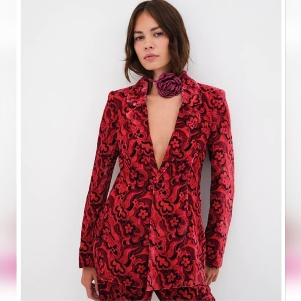 For Love and Lemons Penny Red Floral Velvet Blazer